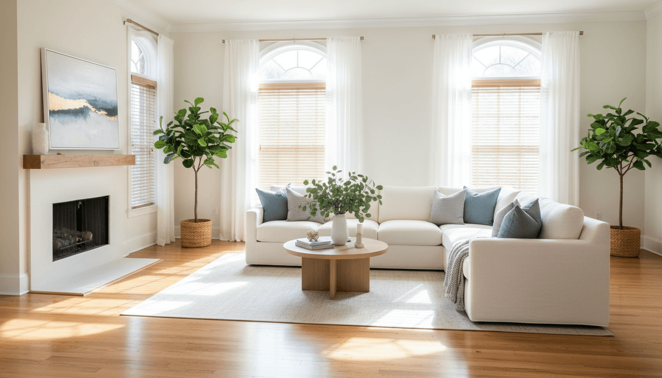 Bright, freshly cleaned living room with sunlit windows and a tidy sofa