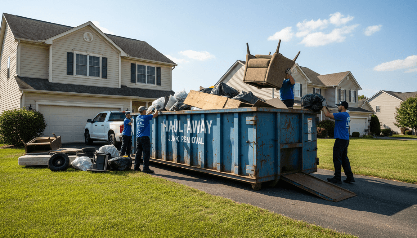 Crew members loading furniture and debris into a dumpster outside a home