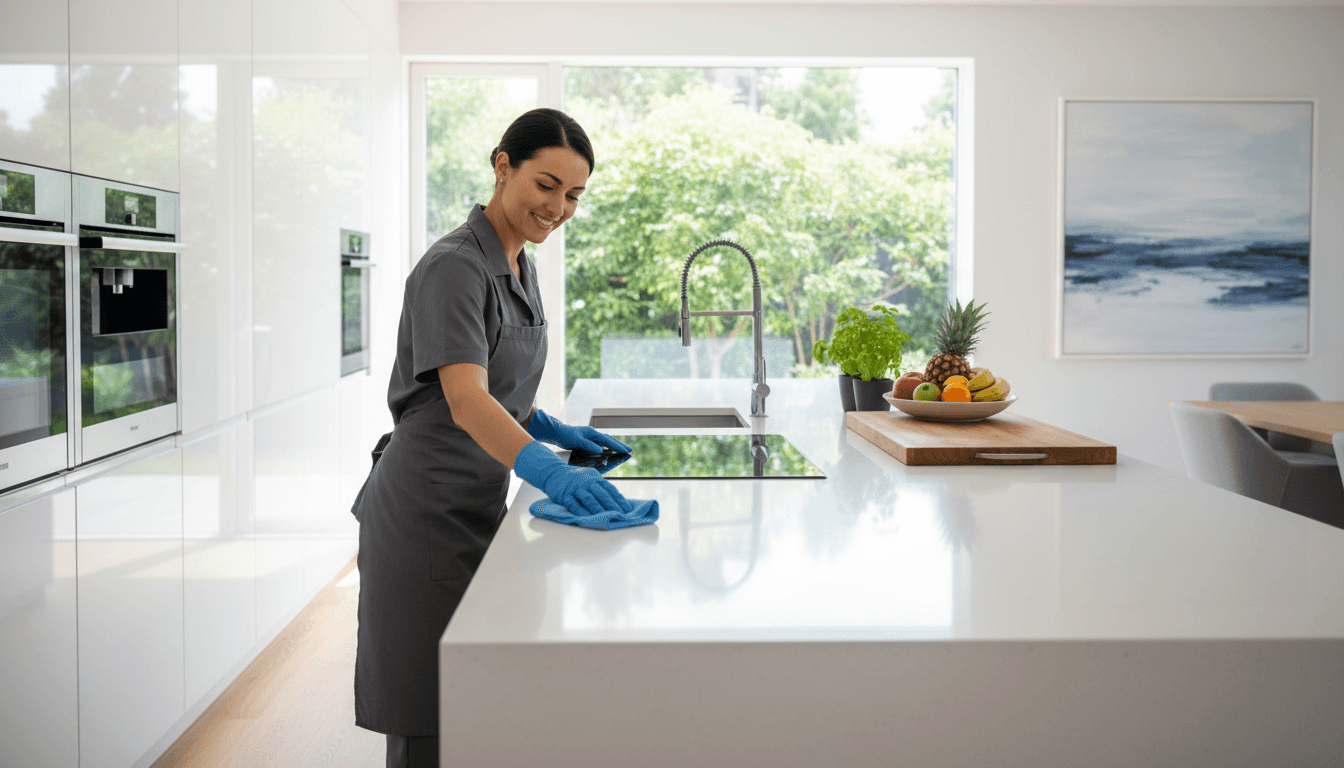Professional cleaner wiping a kitchen counter in a bright modern home