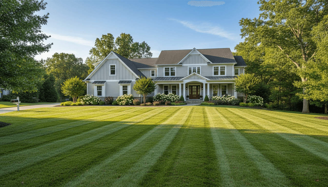 Neatly mowed green lawn in front of a suburban home