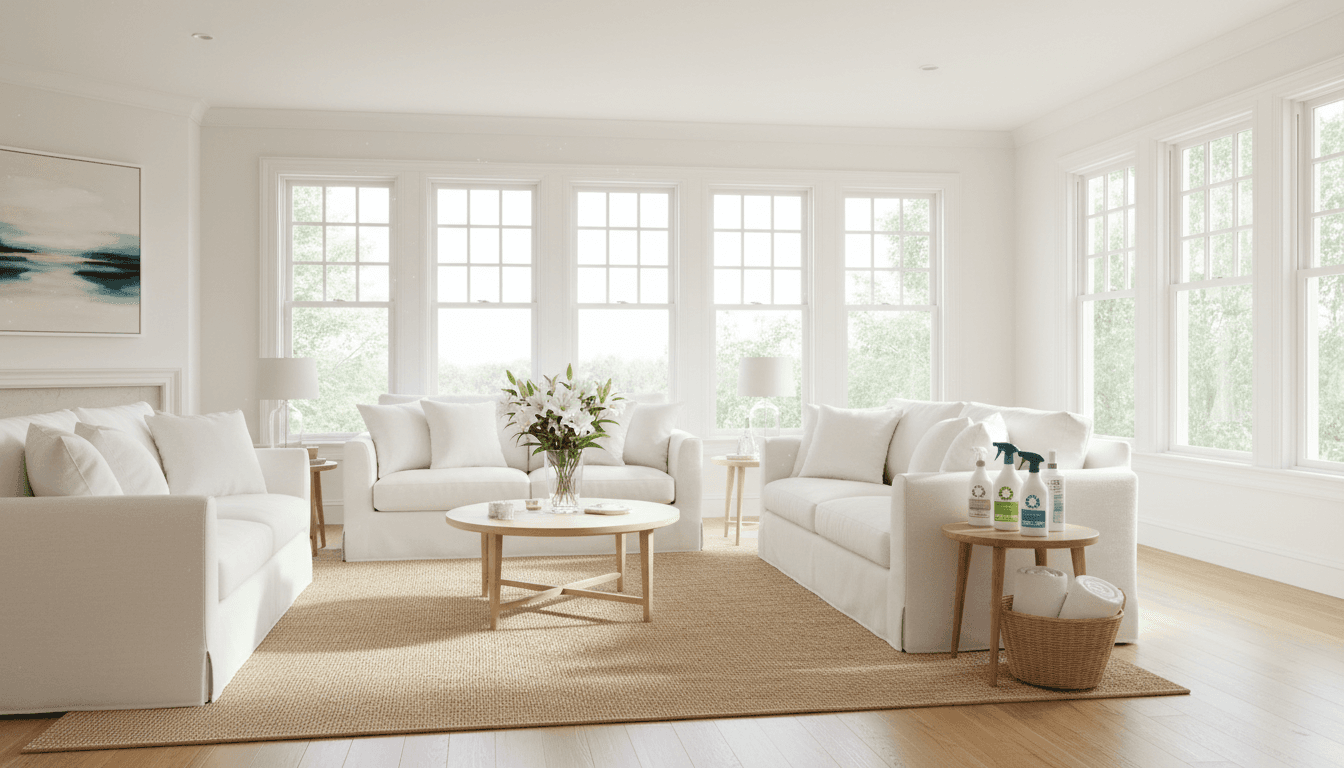 Bright, freshly cleaned living room with natural light and eco-friendly supplies