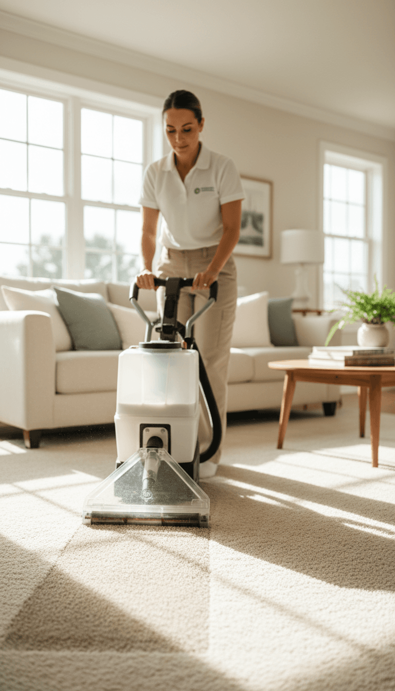 Professional cleaner using eco-friendly carpet extraction machine in a bright Birmingham living room