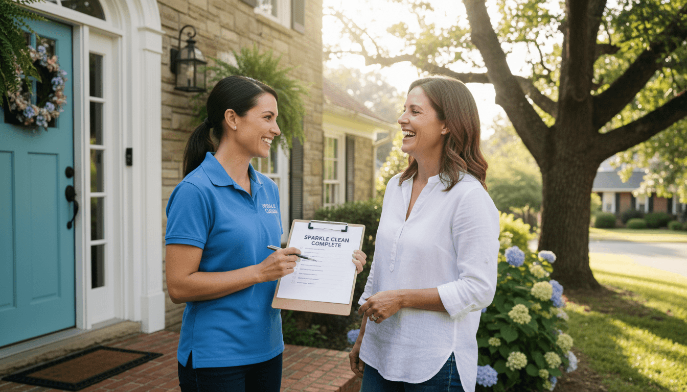 Cleaning professional reviewing a checklist with a homeowner at the front door