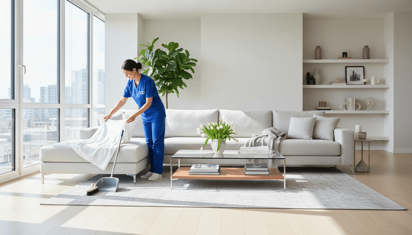 Professional cleaner tidying a bright, modern living room in a Birmingham home