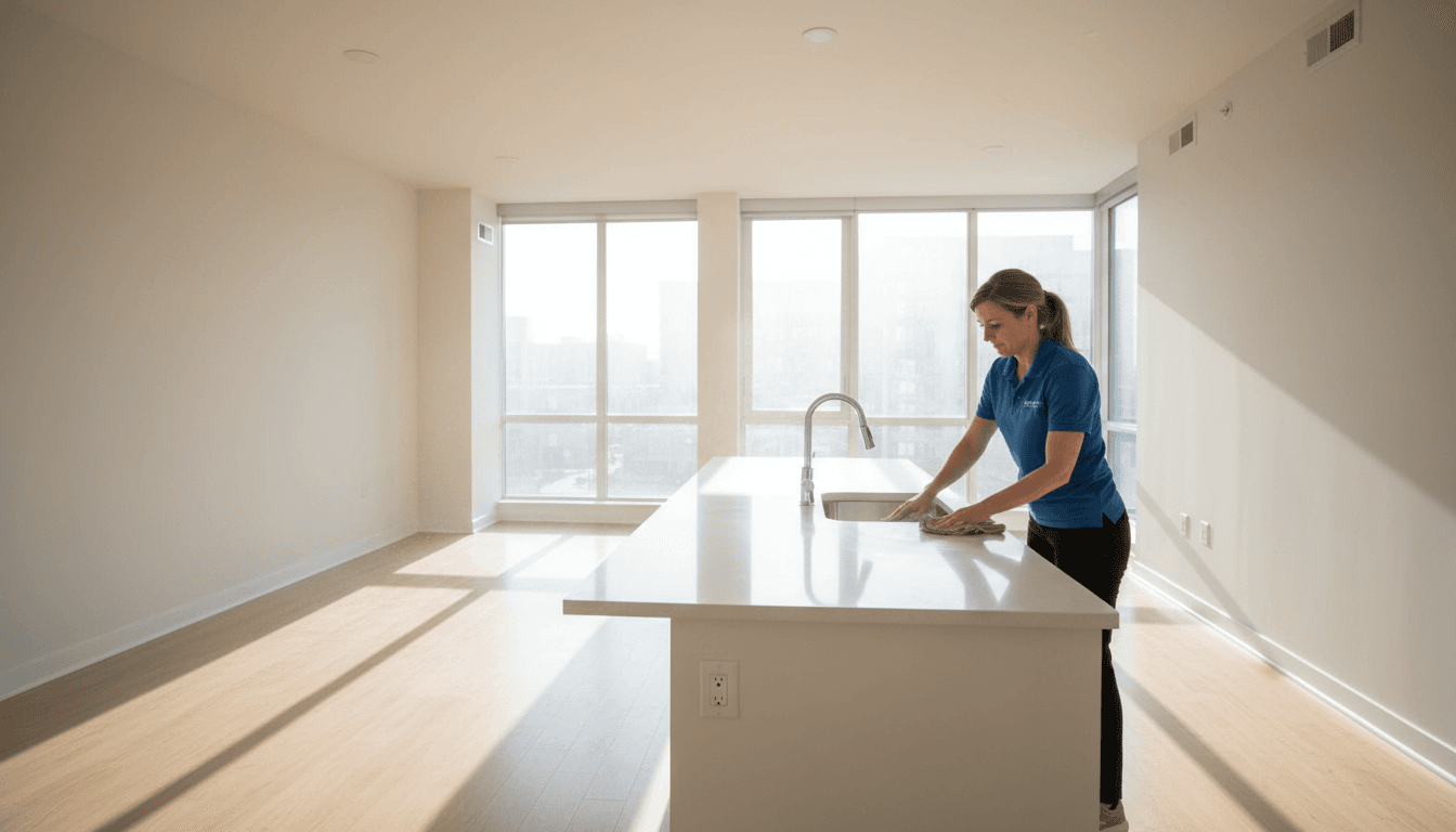 Professional cleaner wiping down kitchen counter in bright vacant apartment