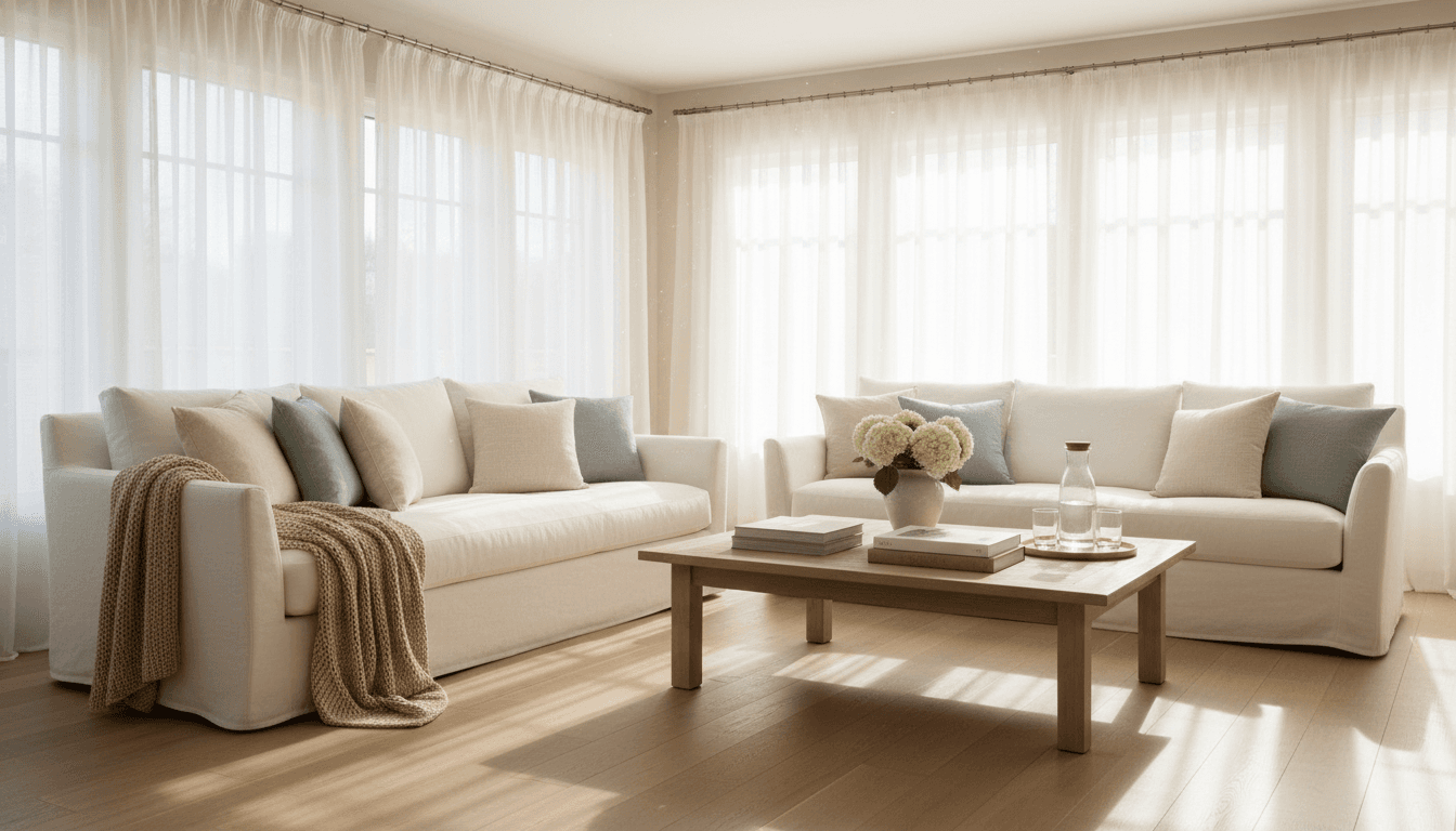 Bright living room with sunlit windows and freshly cleaned furniture