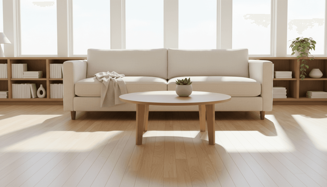 Bright, freshly cleaned living room with sunlit sofa and gleaming floors