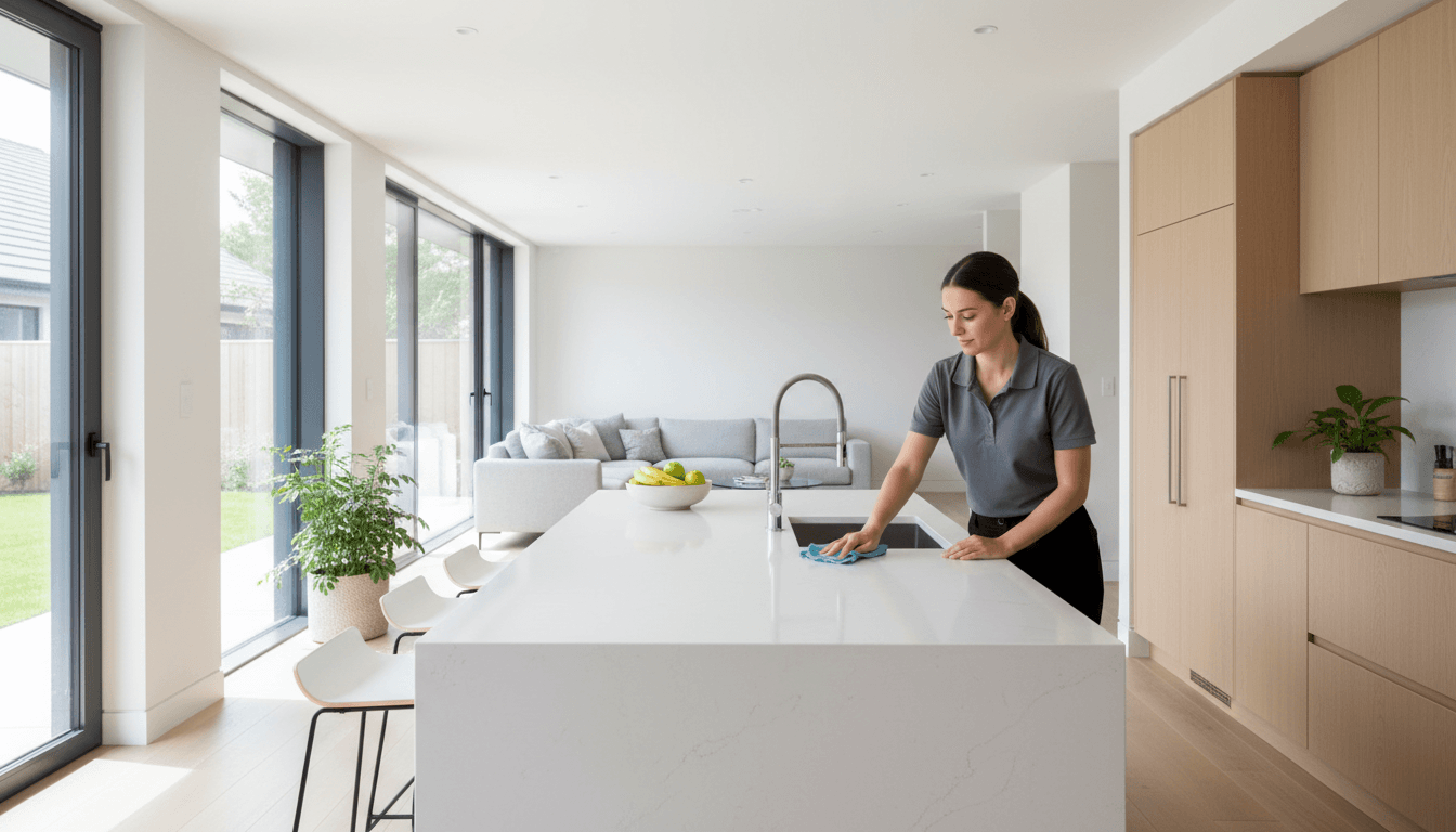 Professional cleaner wiping a kitchen counter with a microfiber cloth in a bright, modern home