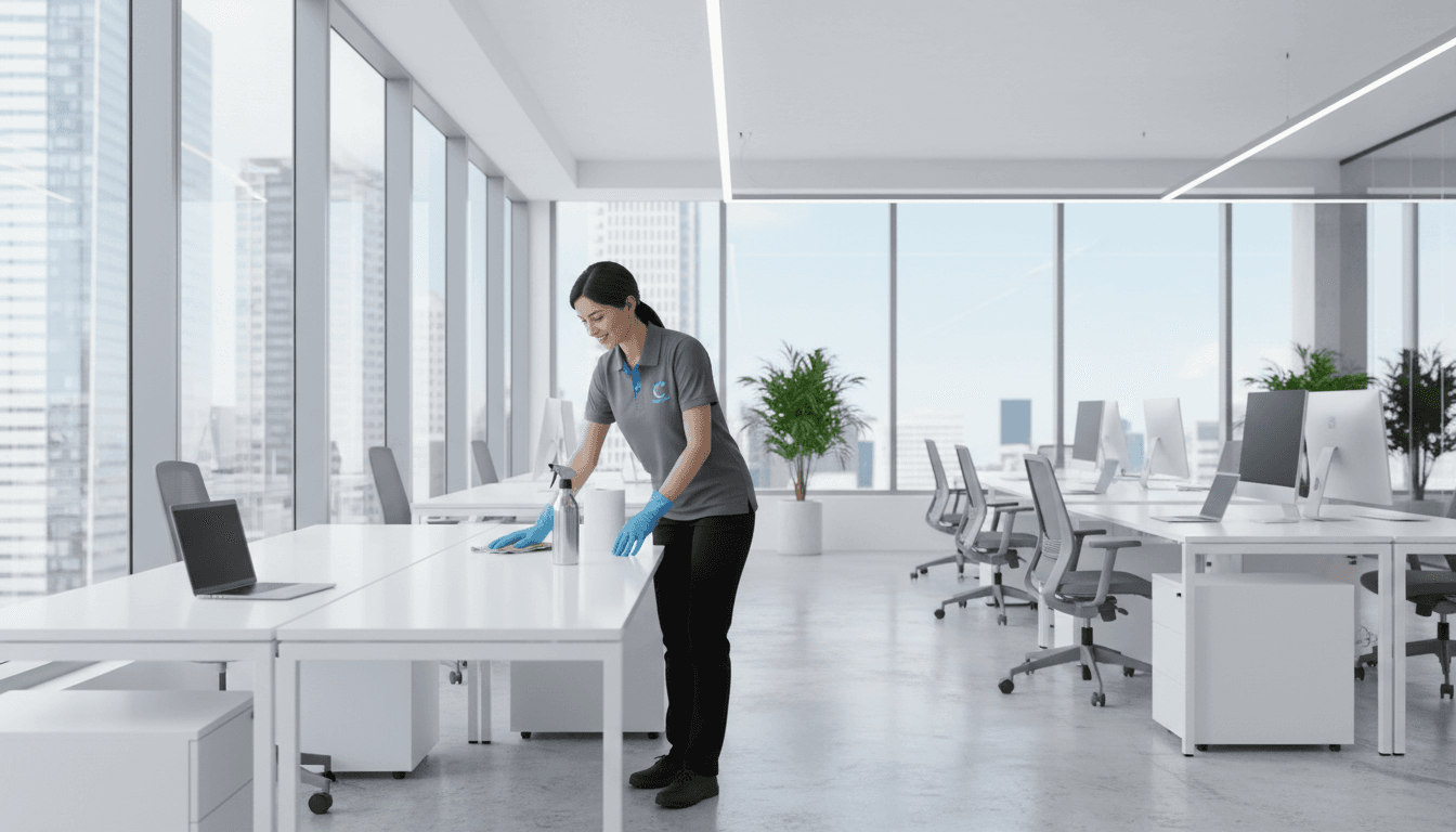 Professional cleaner wiping a desk in a bright modern office