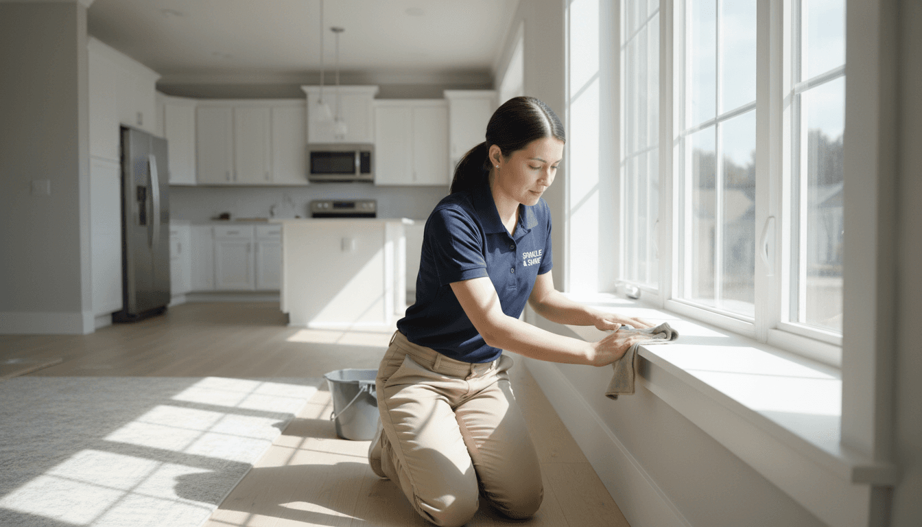 Professional cleaner wiping a window sill in a bright, newly built home