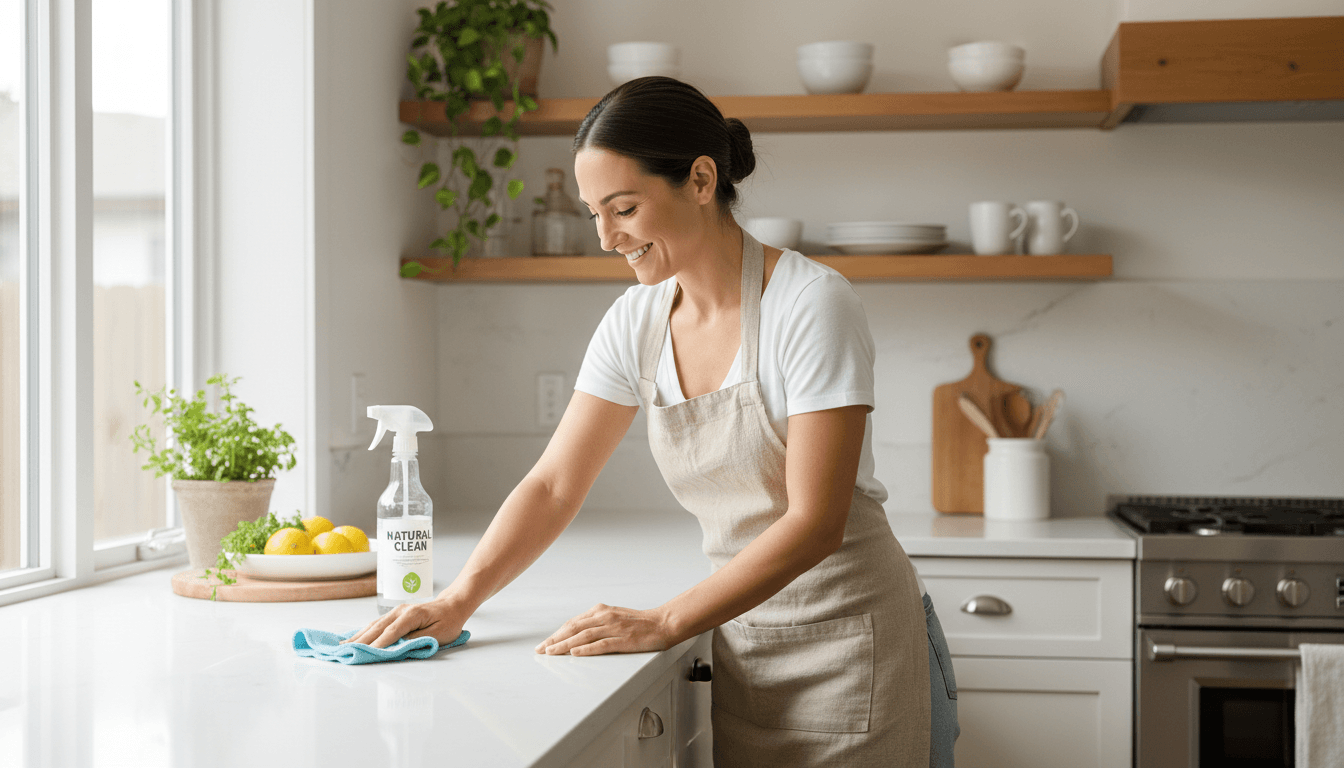 Professional cleaner wiping a bright kitchen counter with eco-friendly products