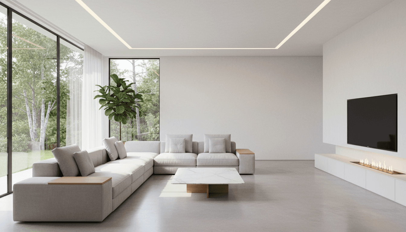 Bright modern living room with clean surfaces and natural light