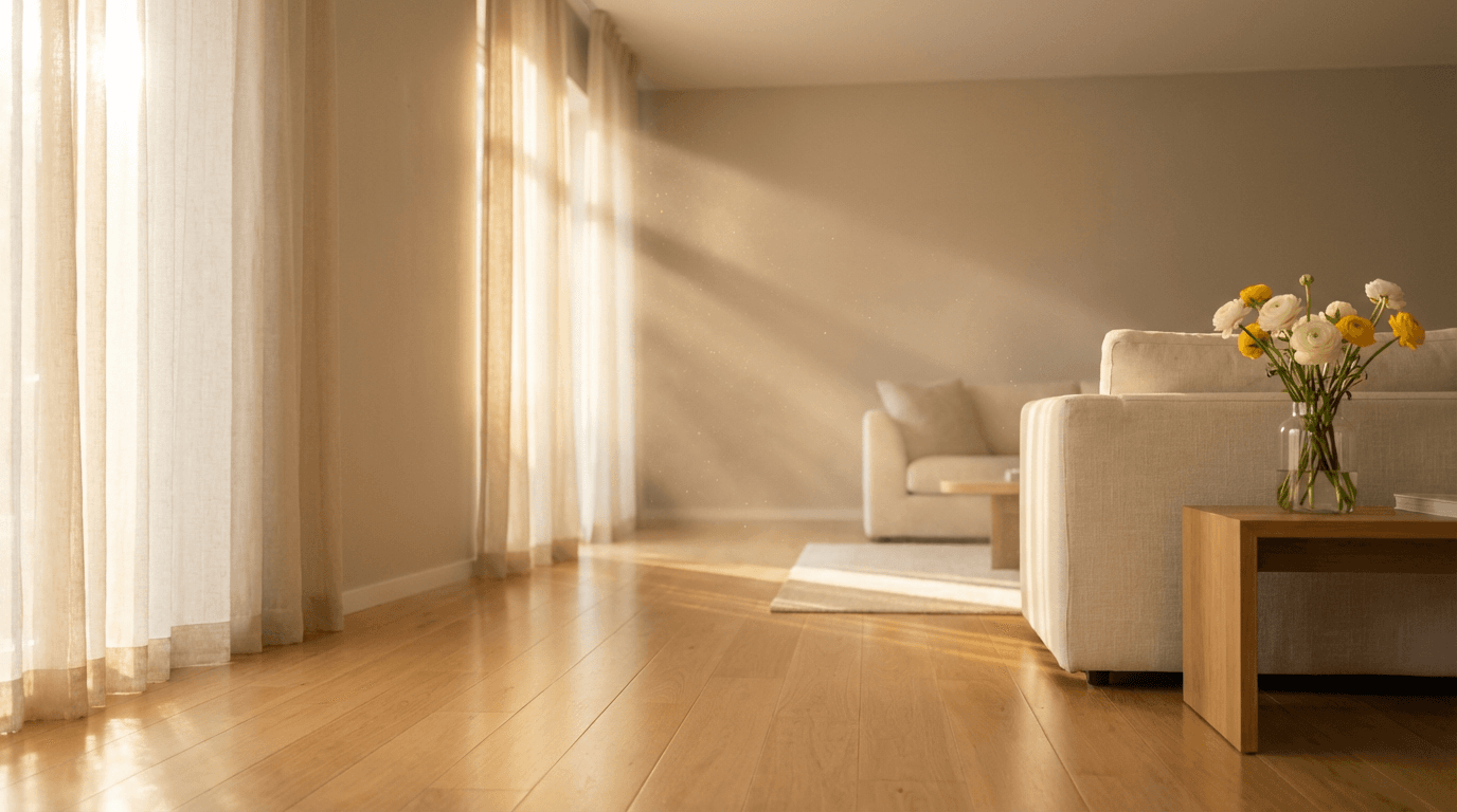 Bright living room with clean sofa and sunlight through window