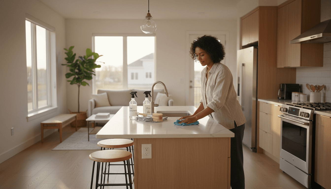 Professional house cleaner wiping a bright kitchen counter