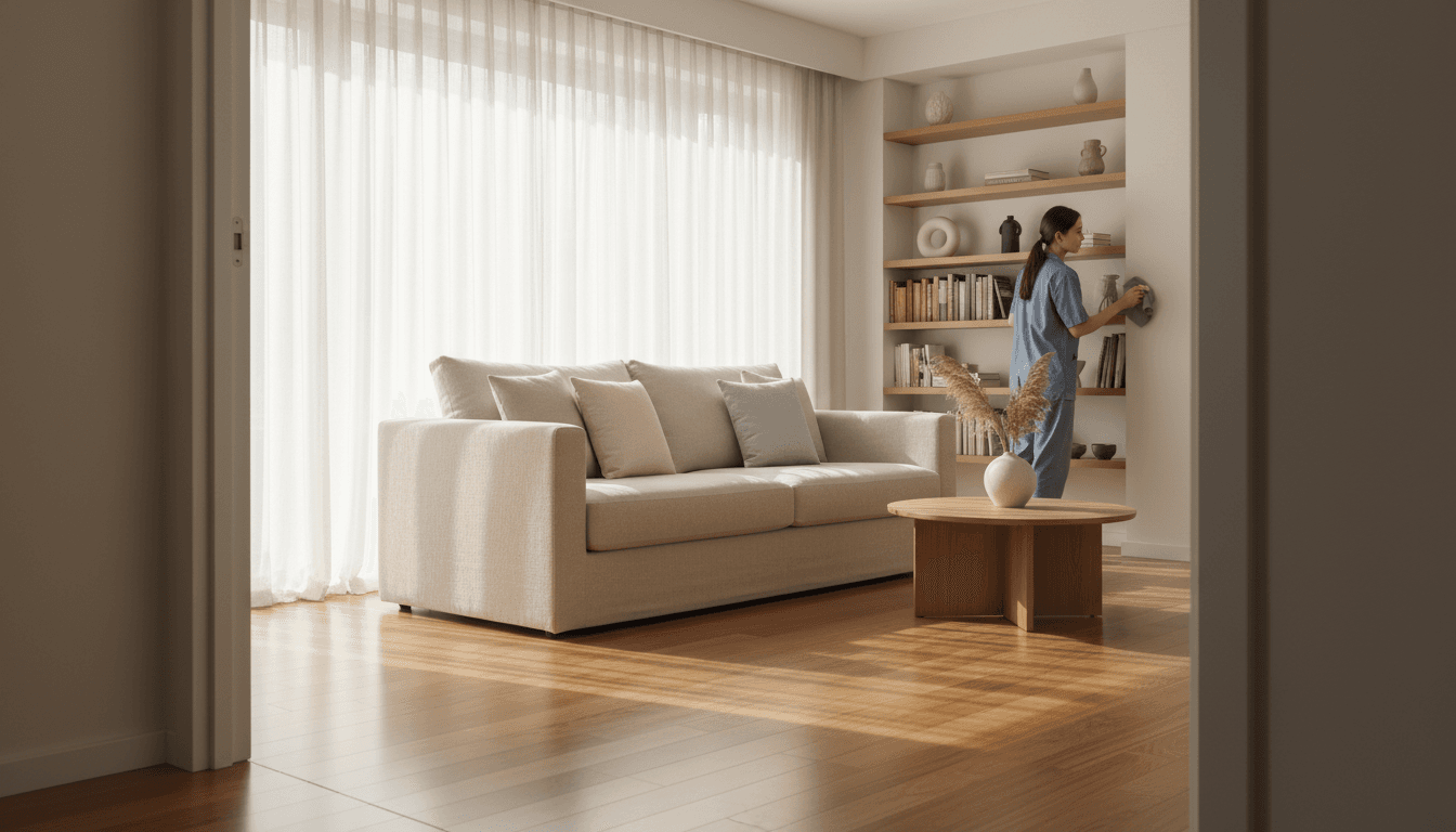 Bright living room with clean surfaces and natural light