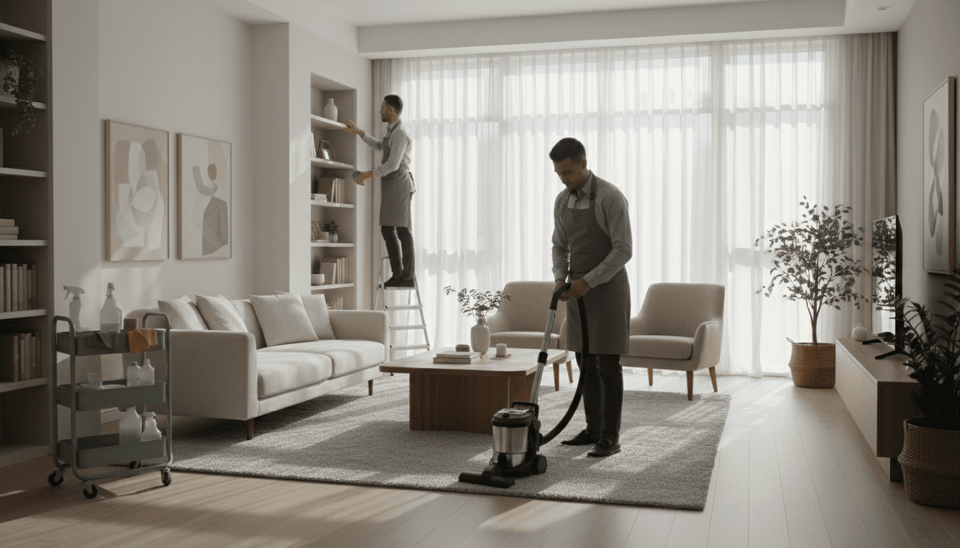 Professional cleaner talking with a homeowner in a bright living room