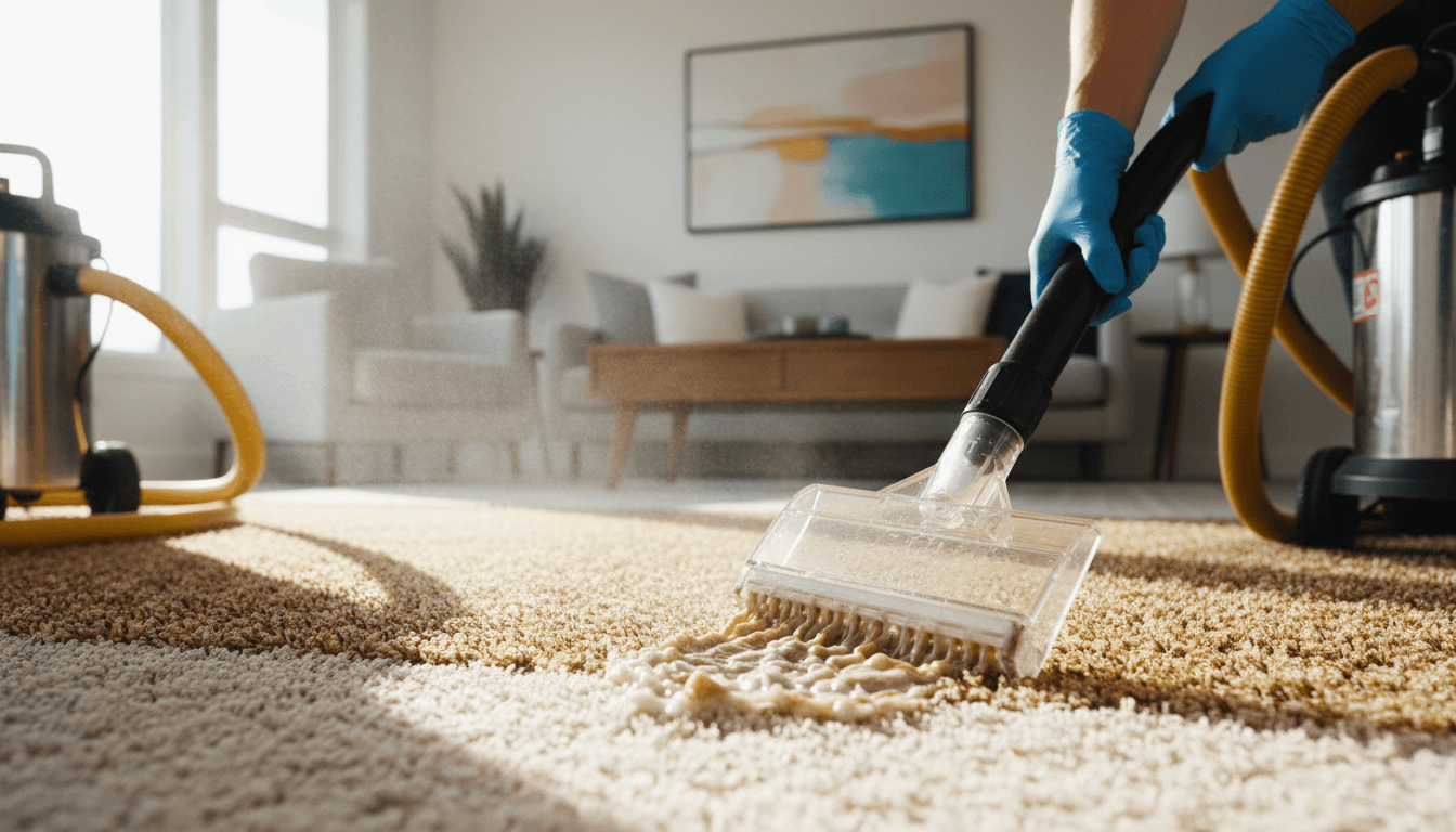 Carpet cleaning technician using industrial extraction machine on beige carpet in bright living room