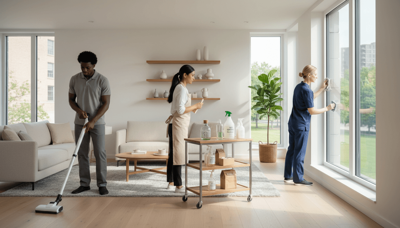 Professional cleaners working in a bright modern home with eco-friendly supplies