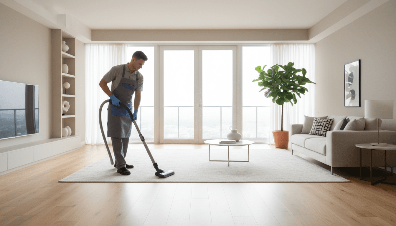 Professional cleaner tidying a bright modern Birmingham living room