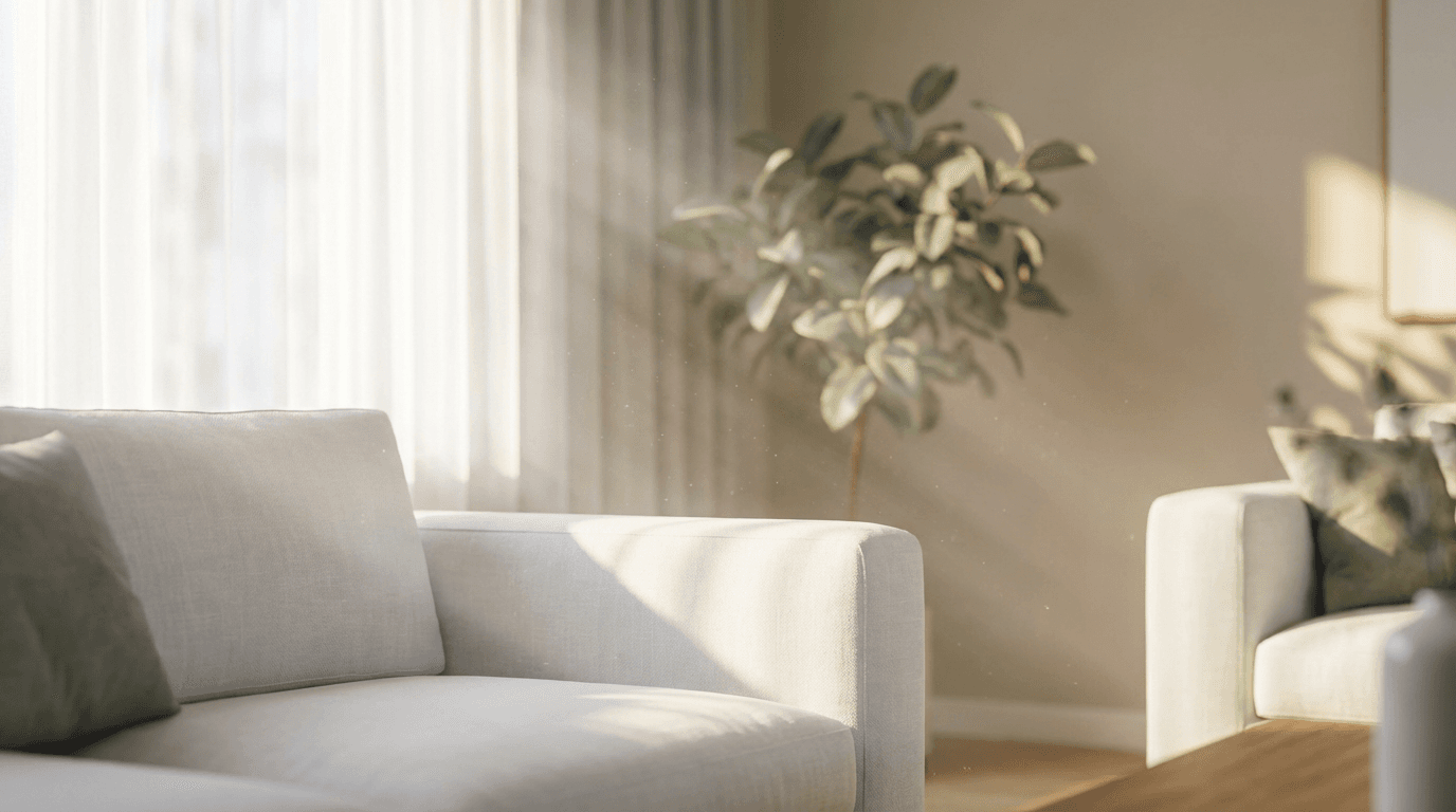 Cleaner wiping a coffee table in a bright, sunlit living room